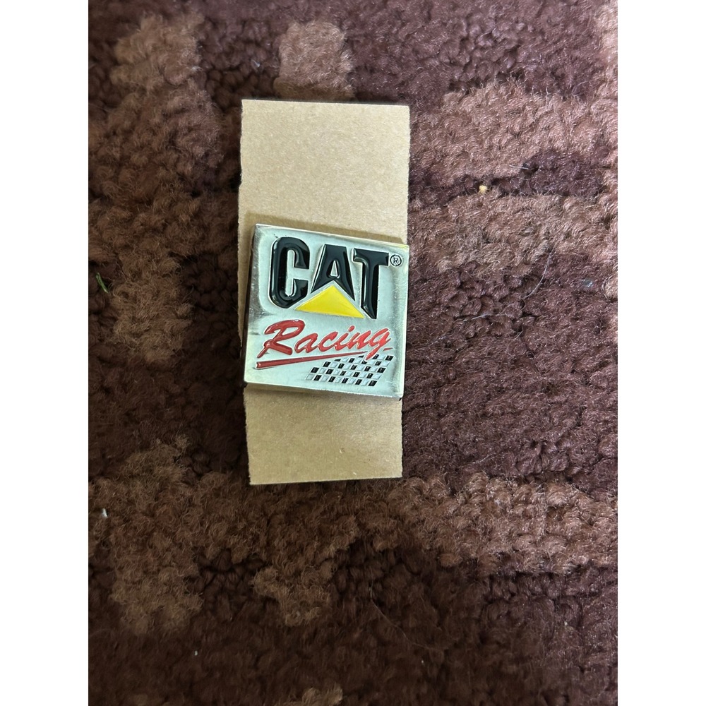 Caterpillar CAT Racing Enamel Lapel Pin Silver Tone Checkered Flag Hat Pin